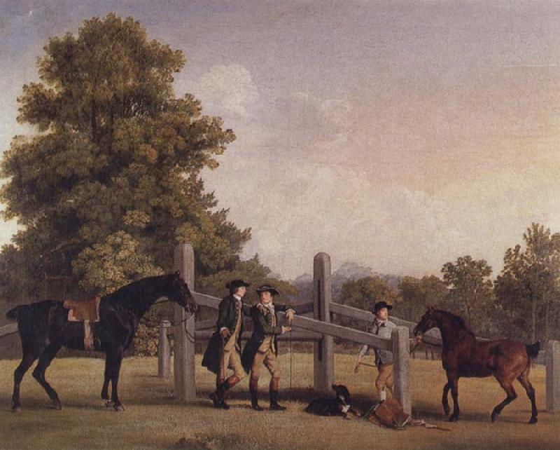 George Stubbs The Third Duke of Portand and his Brother,Lord Edward Bentinck,with Two Horses at a Leaping Bar France oil painting art